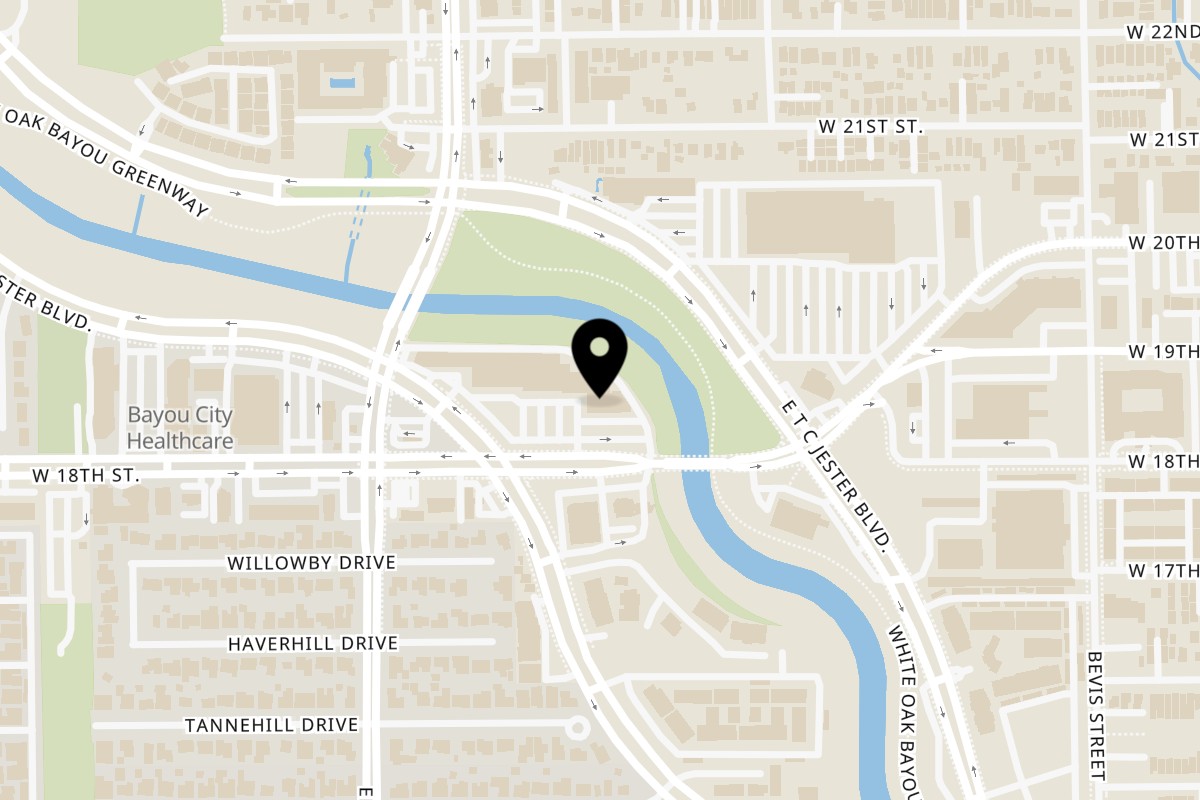 Map showing the location of Smoothie Strong Houston on 1525 W 18th St in Houston